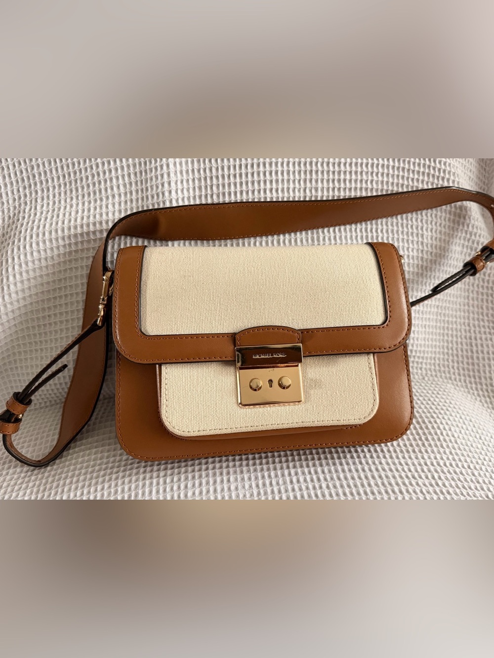 Michael Kors Cream and Brown Leather-Trim Crossbody Shoulder Bag